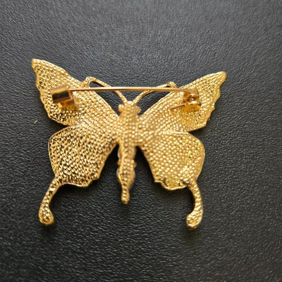 Blue Enamel Butterfly Brooch Rhinestone Gold Tone Pin Sparkly Costume Jewelry - Picture 4 of 7